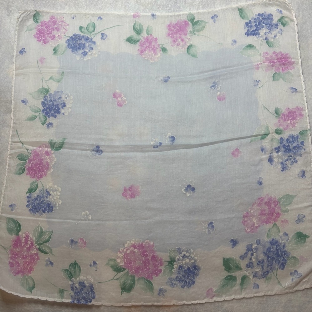 VTG PIERRE CARDIN Scarf Handkerchief Hydrangea Floral Cotton Blend White 16.5in